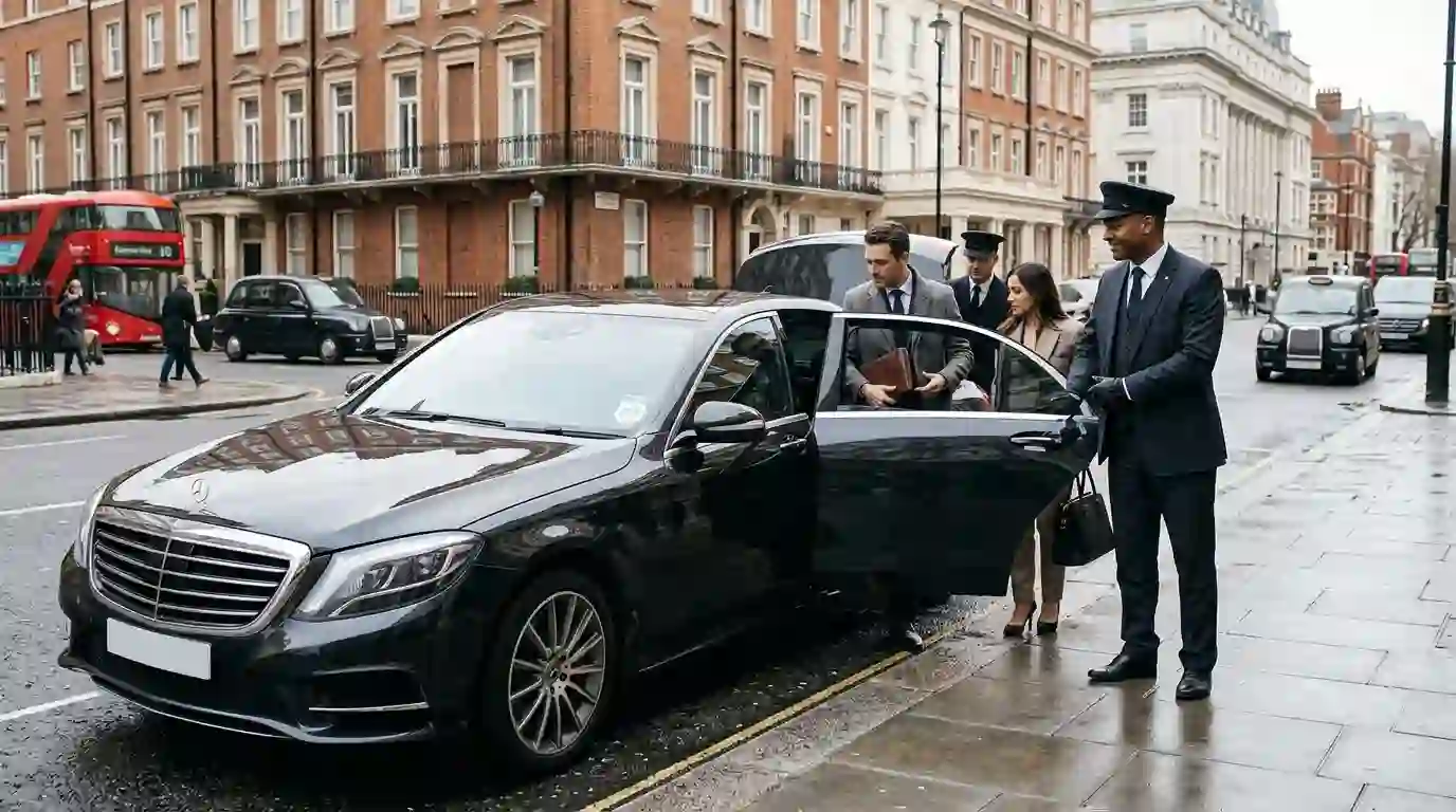 Passenger reading in the back of a chauffeur-driven car
